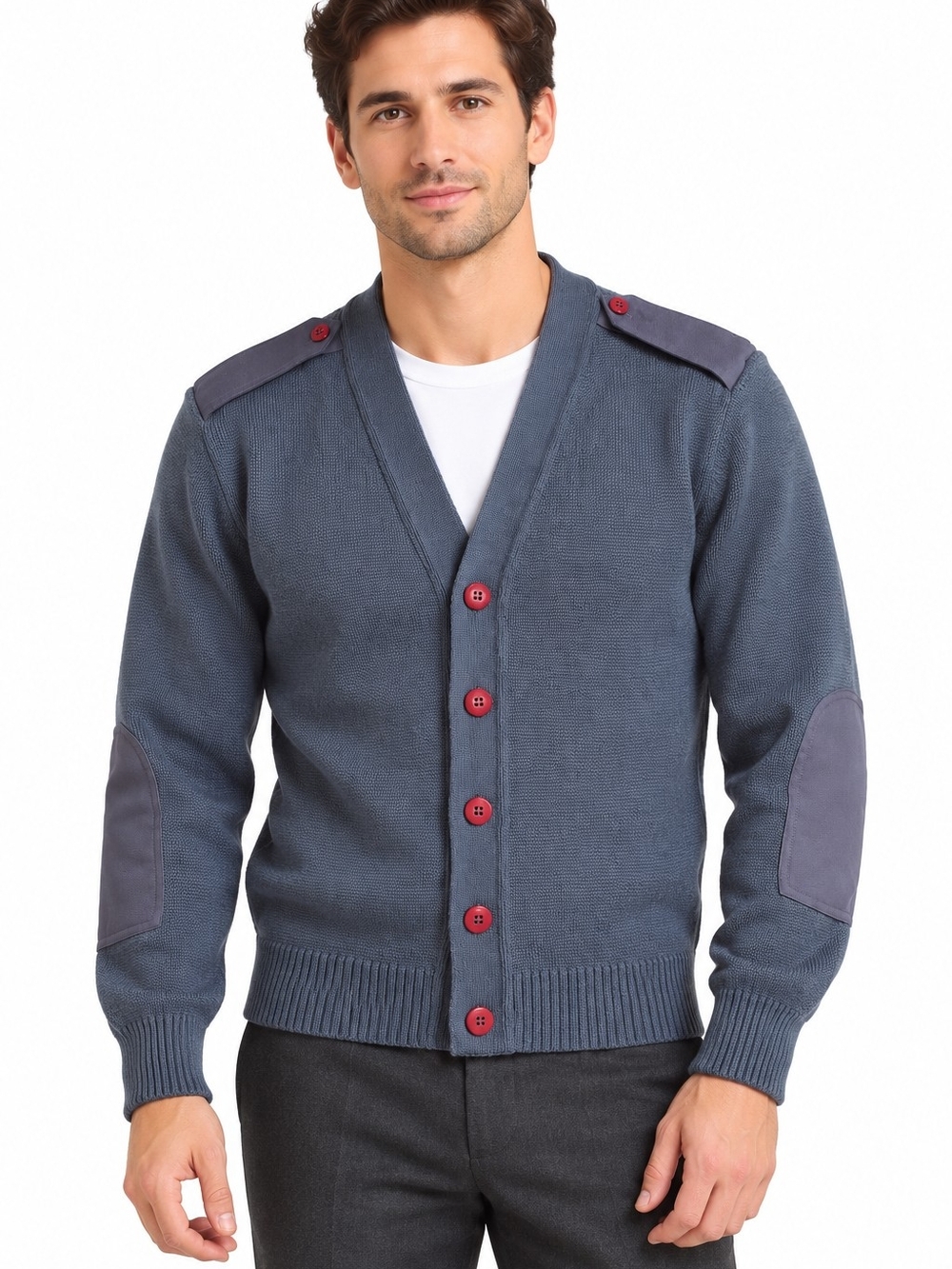 USAF 38R Blue Wool Blend Military Cardigan Sweater British Made Elbow Patches